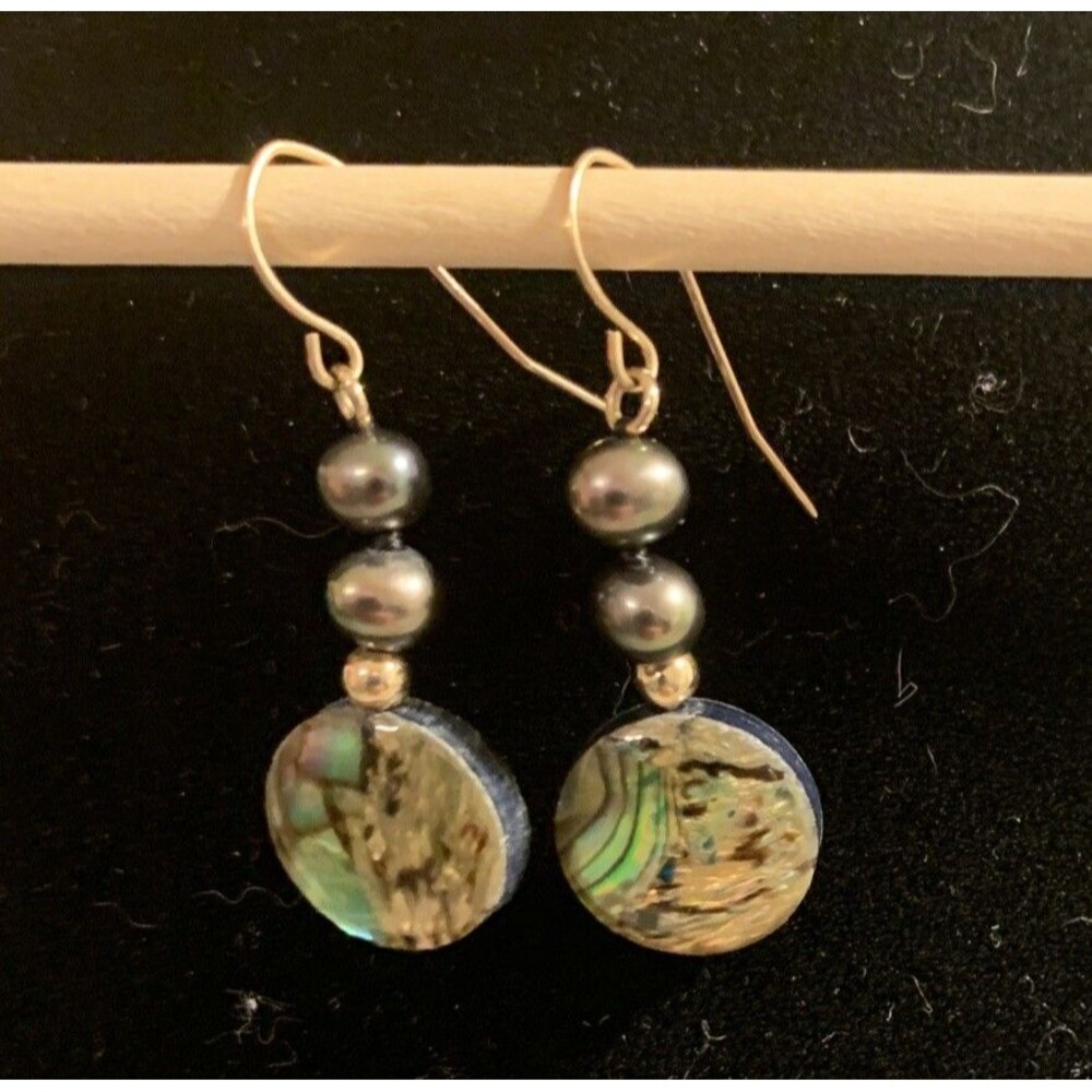 10K Earrings Fresh Water Pearl Pau Shell Dangle Drop